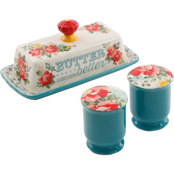 Pioneer Woman Vintage Floral Butter Dish Lid Salt Pepper Shakers Stoneware Gift - Picture 1 of 5